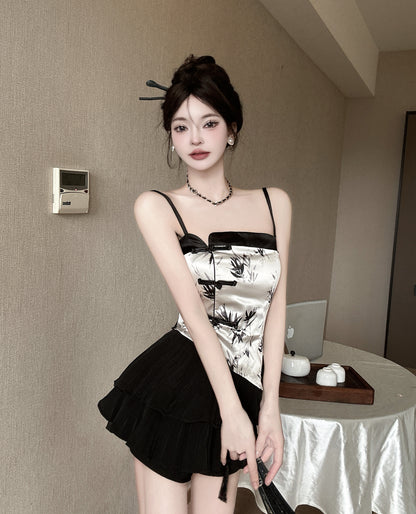 Retro 2-Piece Set Bamboo Print Camisole Mandarin Buttons Mini Dress Spaghetti Strap Black Tiered Pleat Short Dress AP1937