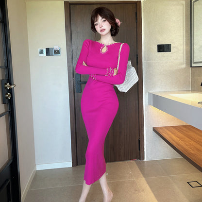 Trendy Hot Pink Long Sleeve Pearl-Trimmed Neckline Cutout Midi Dress Ribbed Knit Bodycon Silhouette Long Dress AP1938