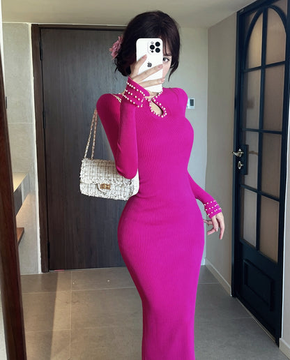 Trendy Hot Pink Long Sleeve Pearl-Trimmed Neckline Cutout Midi Dress Ribbed Knit Bodycon Silhouette Long Dress AP1938