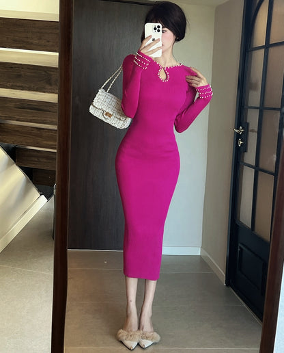 Trendy Hot Pink Long Sleeve Pearl-Trimmed Neckline Cutout Midi Dress Ribbed Knit Bodycon Silhouette Long Dress AP1938