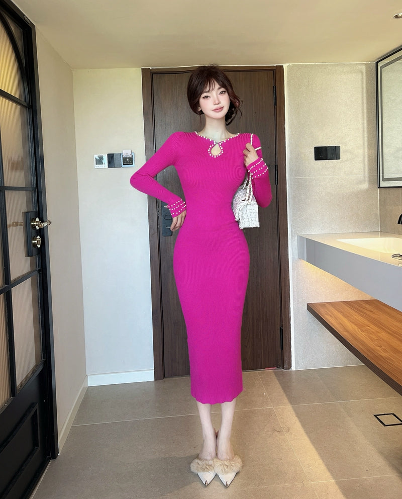 Trendy Hot Pink Long Sleeve Pearl-Trimmed Neckline Cutout Midi Dress Ribbed Knit Bodycon Silhouette Long Dress AP1938
