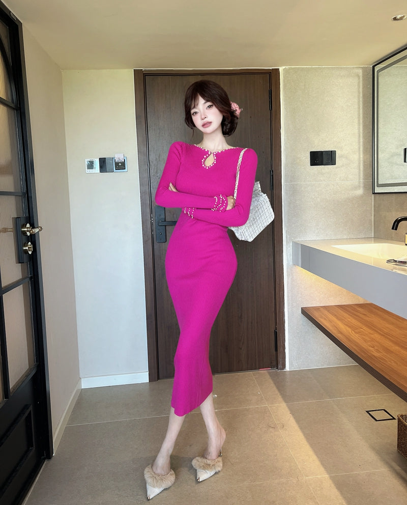 Trendy Hot Pink Long Sleeve Pearl-Trimmed Neckline Cutout Midi Dress Ribbed Knit Bodycon Silhouette Long Dress AP1938