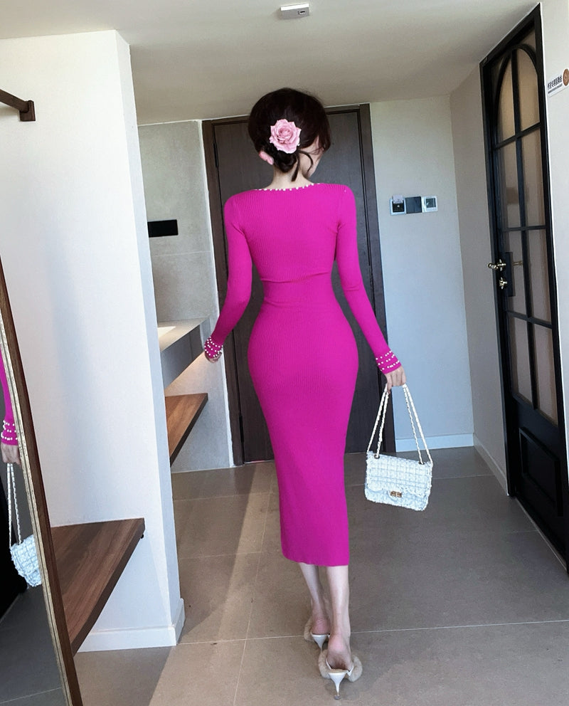 Trendy Hot Pink Long Sleeve Pearl-Trimmed Neckline Cutout Midi Dress Ribbed Knit Bodycon Silhouette Long Dress AP1938