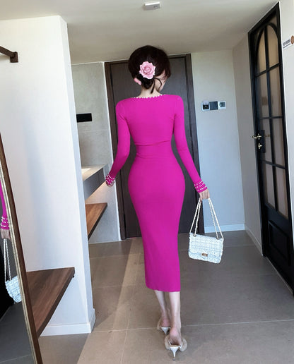 Trendy Hot Pink Long Sleeve Pearl-Trimmed Neckline Cutout Midi Dress Ribbed Knit Bodycon Silhouette Long Dress AP1938