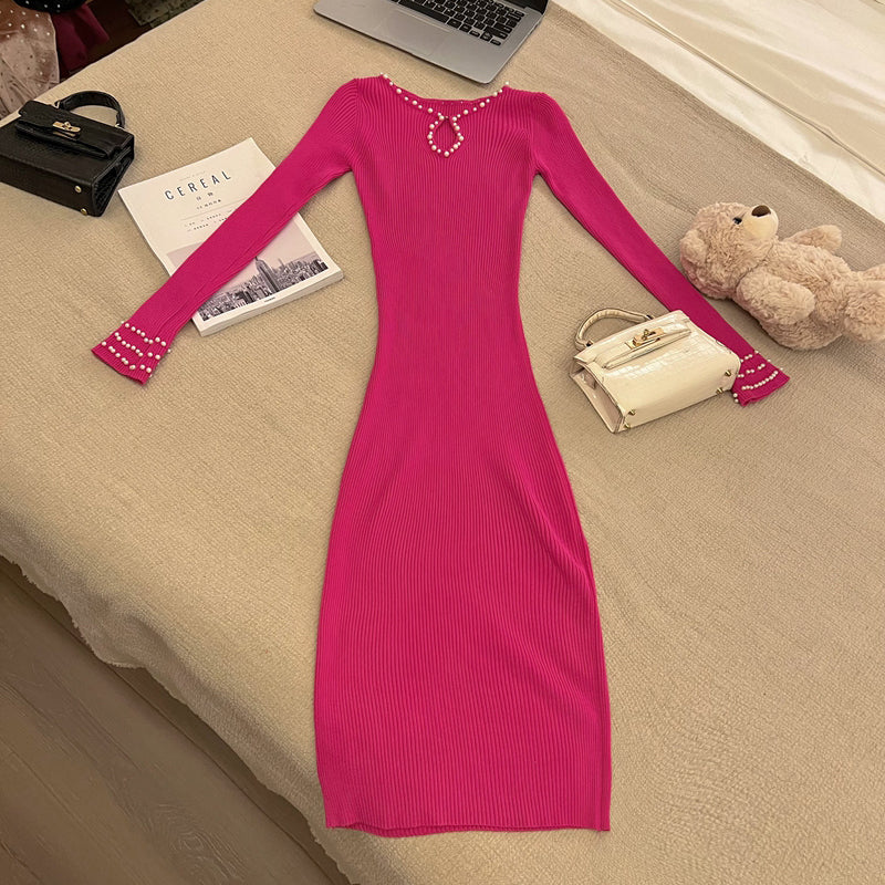 Trendy Hot Pink Long Sleeve Pearl-Trimmed Neckline Cutout Midi Dress Ribbed Knit Bodycon Silhouette Long Dress AP1938