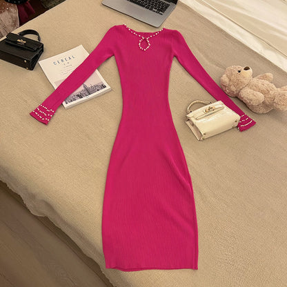 Trendy Hot Pink Long Sleeve Pearl-Trimmed Neckline Cutout Midi Dress Ribbed Knit Bodycon Silhouette Long Dress AP1938