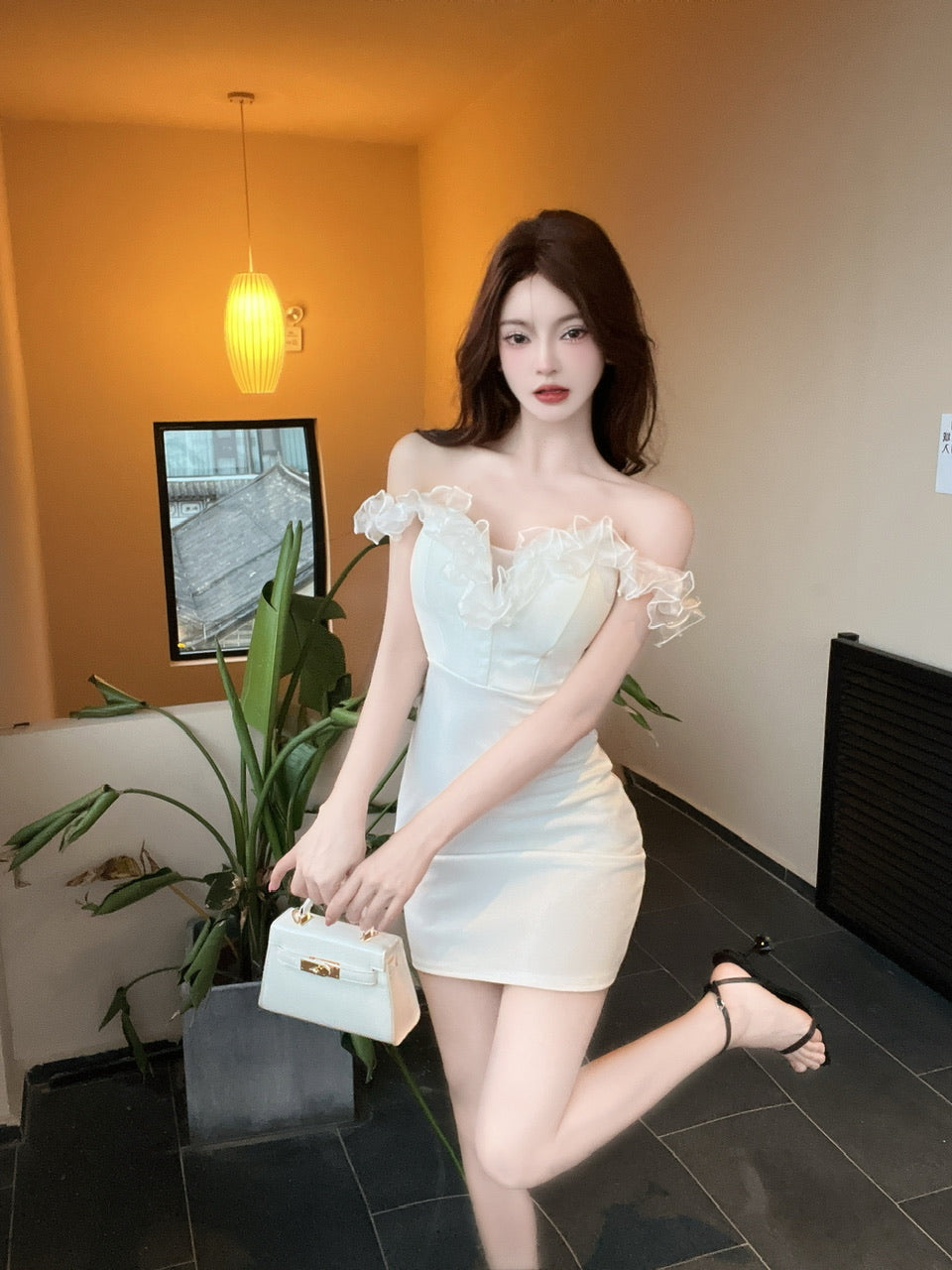 Charming White Satin Off-Shoulder Sheath Mini Skirt Chic Fit for Party Ruffle Neckline Short Dress AP1939