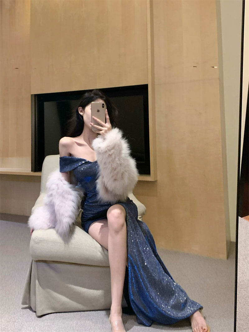 Exquisite Blue Glittering Sequins High-Slit Maxi Dress Glamorous Off-Shoulder Ruched Mermaid Long Dress AP1940