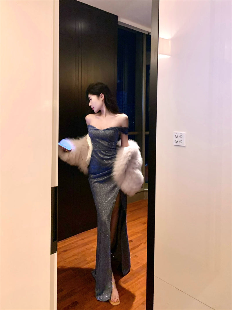 Exquisite Blue Glittering Sequins High-Slit Maxi Dress Glamorous Off-Shoulder Ruched Mermaid Long Dress AP1940