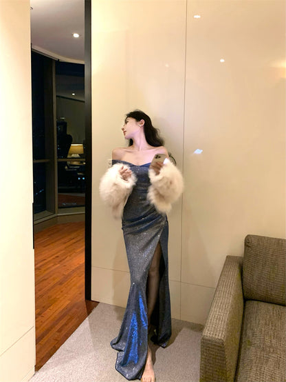 Exquisite Blue Glittering Sequins High-Slit Maxi Dress Glamorous Off-Shoulder Ruched Mermaid Long Dress AP1940