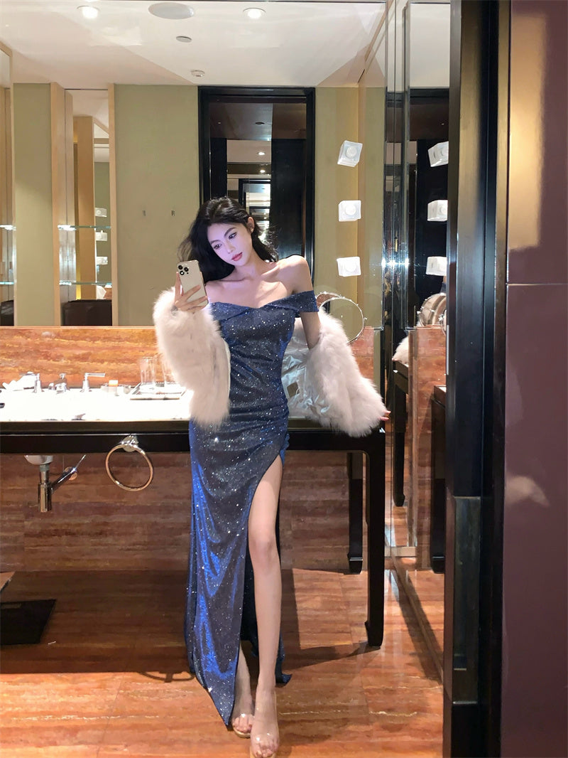 Exquisite Blue Glittering Sequins High-Slit Maxi Dress Glamorous Off-Shoulder Ruched Mermaid Long Dress AP1940