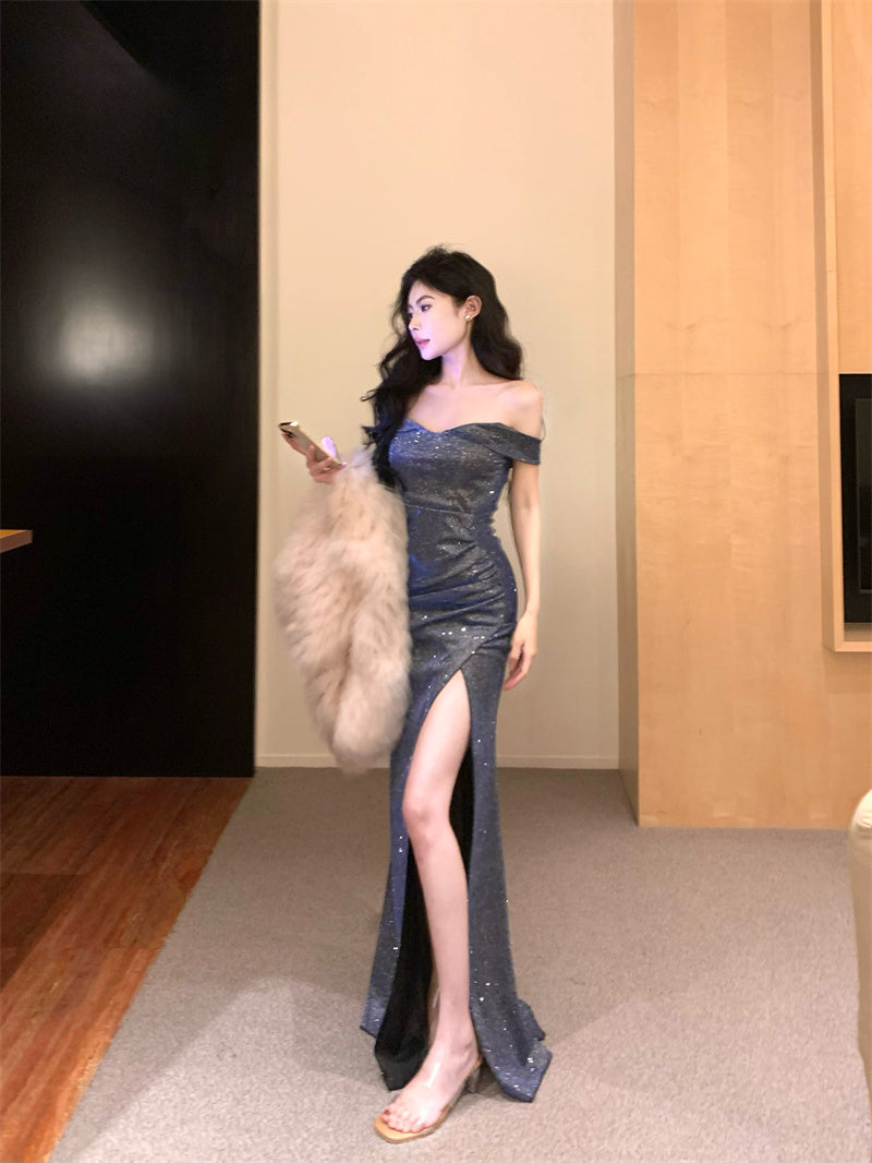 Exquisite Blue Glittering Sequins High-Slit Maxi Dress Glamorous Off-Shoulder Ruched Mermaid Long Dress AP1940