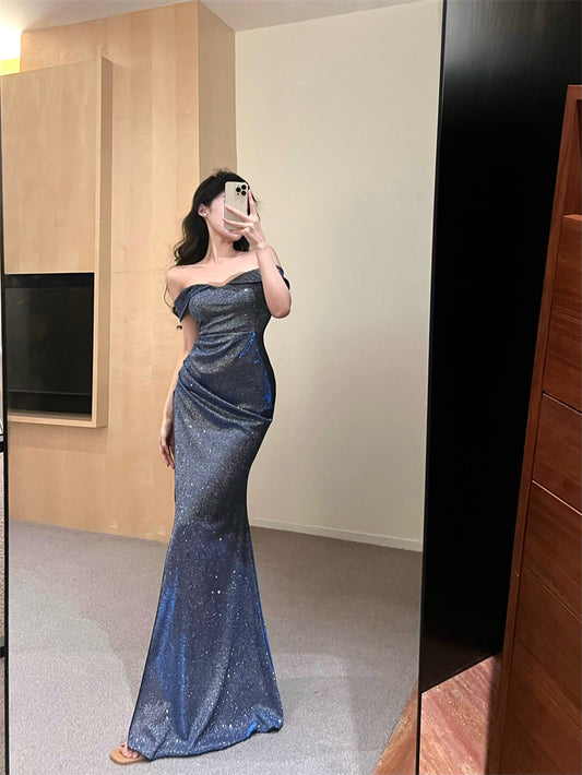 Exquisite Blue Glittering Sequins High-Slit Maxi Dress Glamorous Off-Shoulder Ruched Mermaid Long Dress AP1940