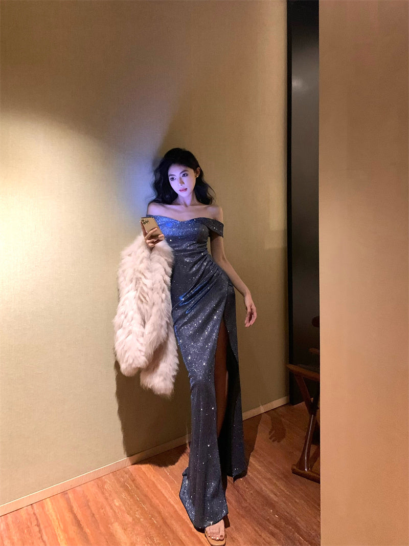 Exquisite Blue Glittering Sequins High-Slit Maxi Dress Glamorous Off-Shoulder Ruched Mermaid Long Dress AP1940
