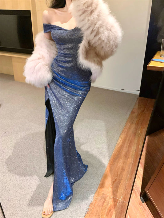 Exquisite Blue Glittering Sequins High-Slit Maxi Dress Glamorous Off-Shoulder Ruched Mermaid Long Dress AP1940