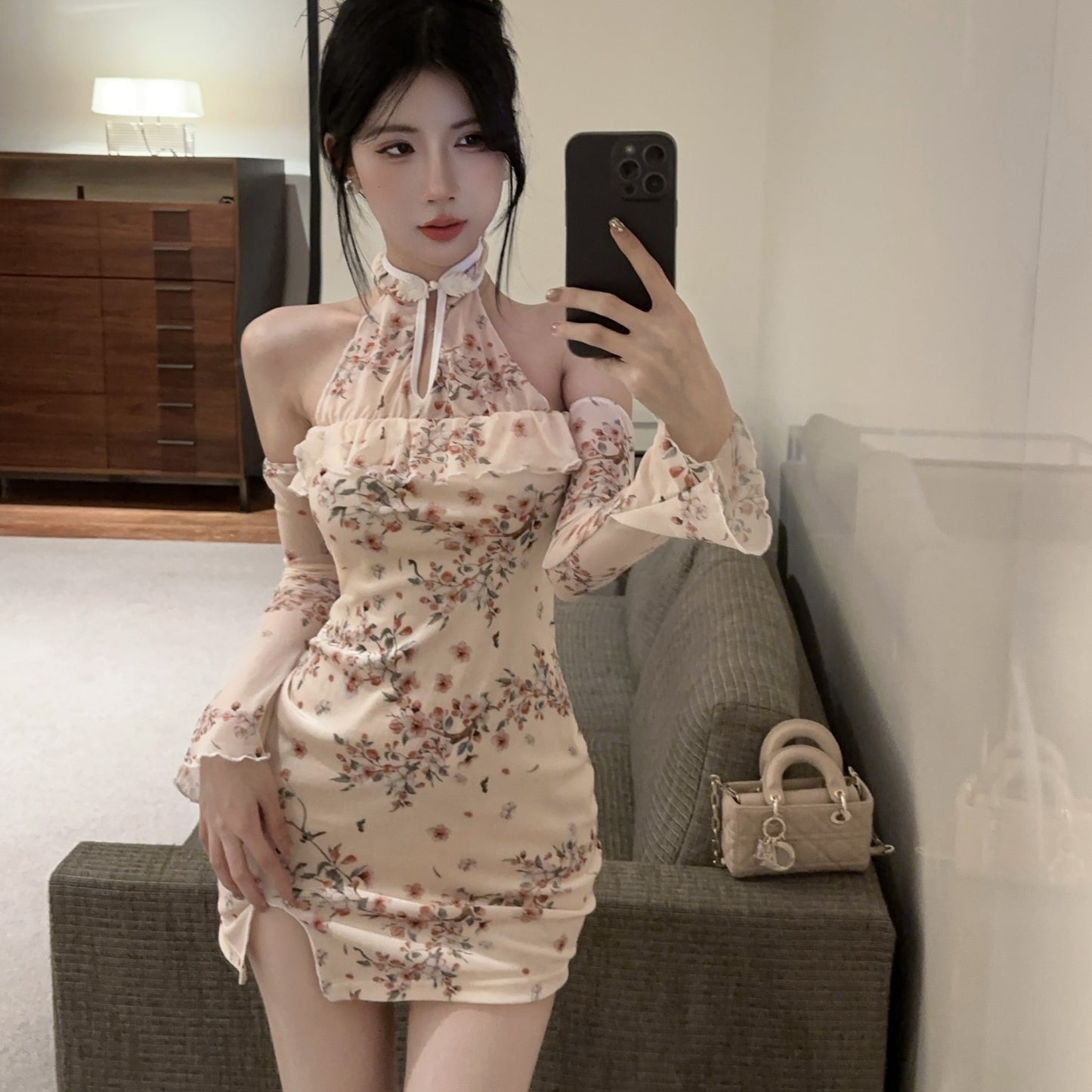 Classical Beige Floral Print Sheer Mesh Long Bell Sleeve Mini Dress Retro Off-Shoulder Ruffle Trim Side Slit Backless Short Dress AP1941