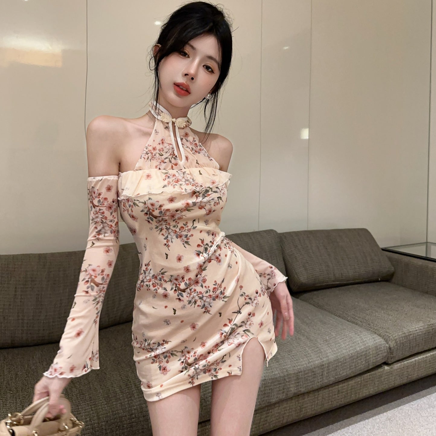 Classical Beige Floral Print Sheer Mesh Long Bell Sleeve Mini Dress Retro Off-Shoulder Ruffle Trim Side Slit Backless Short Dress AP1941