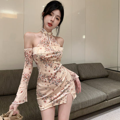 Classical Beige Floral Print Sheer Mesh Long Bell Sleeve Mini Dress Retro Off-Shoulder Ruffle Trim Side Slit Backless Short Dress AP1941