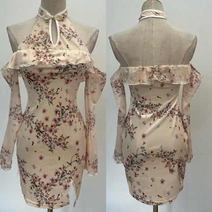 Classical Beige Floral Print Sheer Mesh Long Bell Sleeve Mini Dress Retro Off-Shoulder Ruffle Trim Side Slit Backless Short Dress AP1941