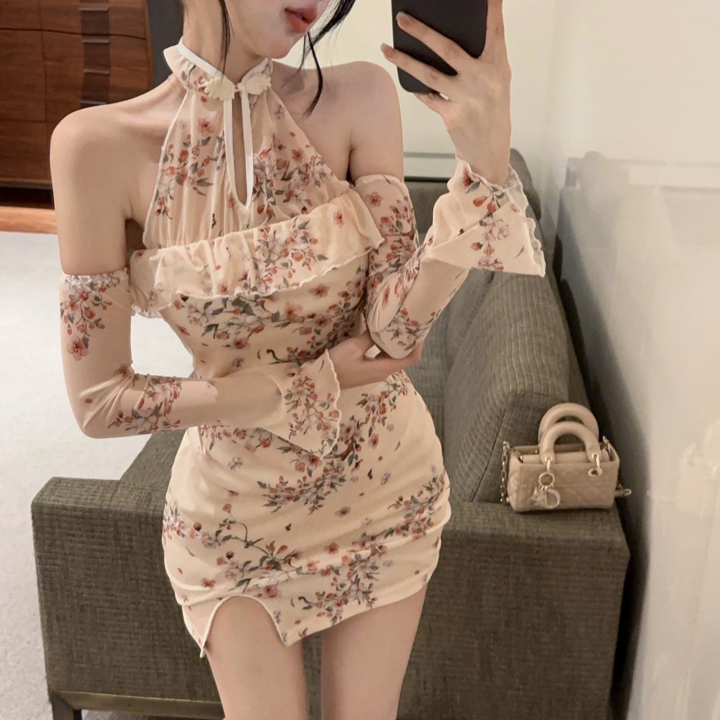 Classical Beige Floral Print Sheer Mesh Long Bell Sleeve Mini Dress Retro Off-Shoulder Ruffle Trim Side Slit Backless Short Dress AP1941