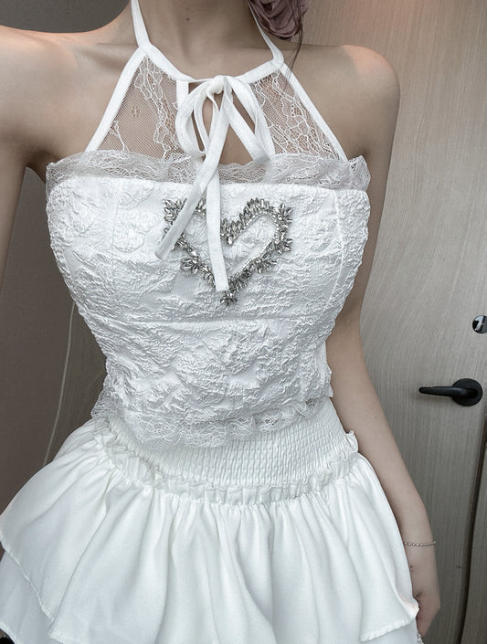 Elegant White Two-Piece Set Ensemble Tie Neck Top Mini Skirt Heart Rhinestone Lace Trimmed Ruffled Tiered Skirt Halter Short Dress AP1942