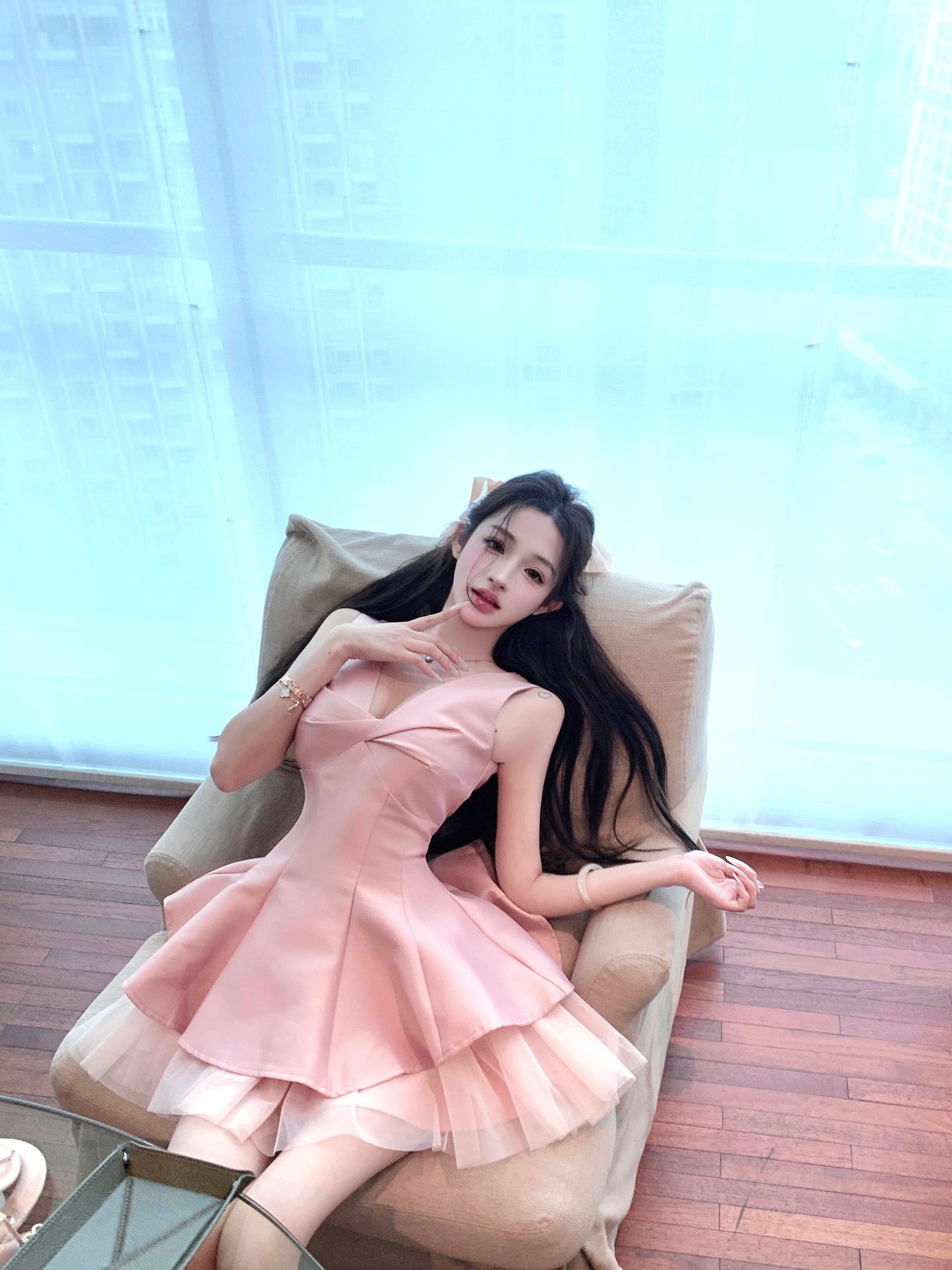 Dreamy Satin Fabric Ruffled Cute Girls Mini Skirt Charming Pink Tulle Splicing Flared Hem Short Dress AP1943