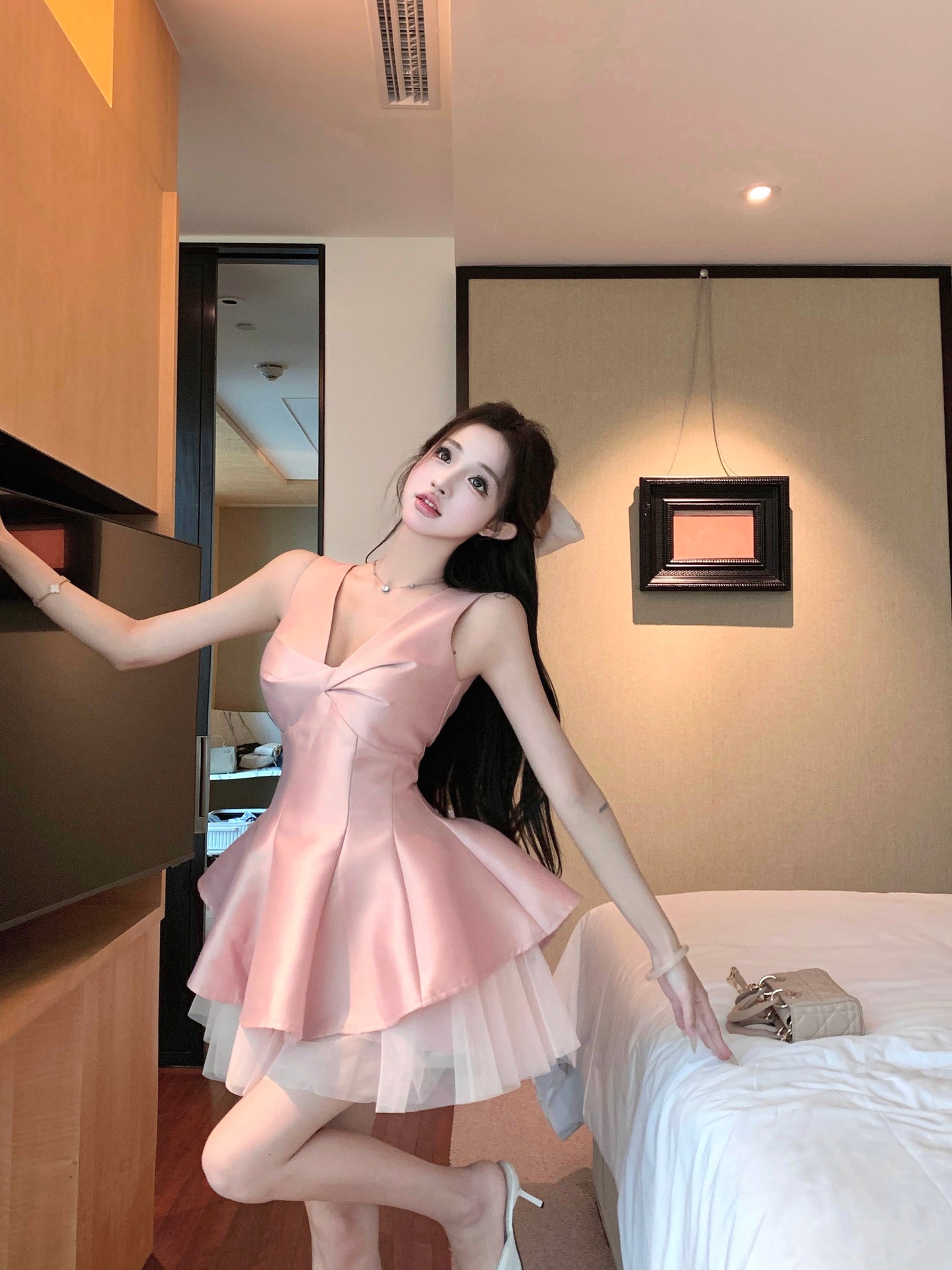 Dreamy Satin Fabric Ruffled Cute Girls Mini Skirt Charming Pink Tulle Splicing Flared Hem Short Dress AP1943