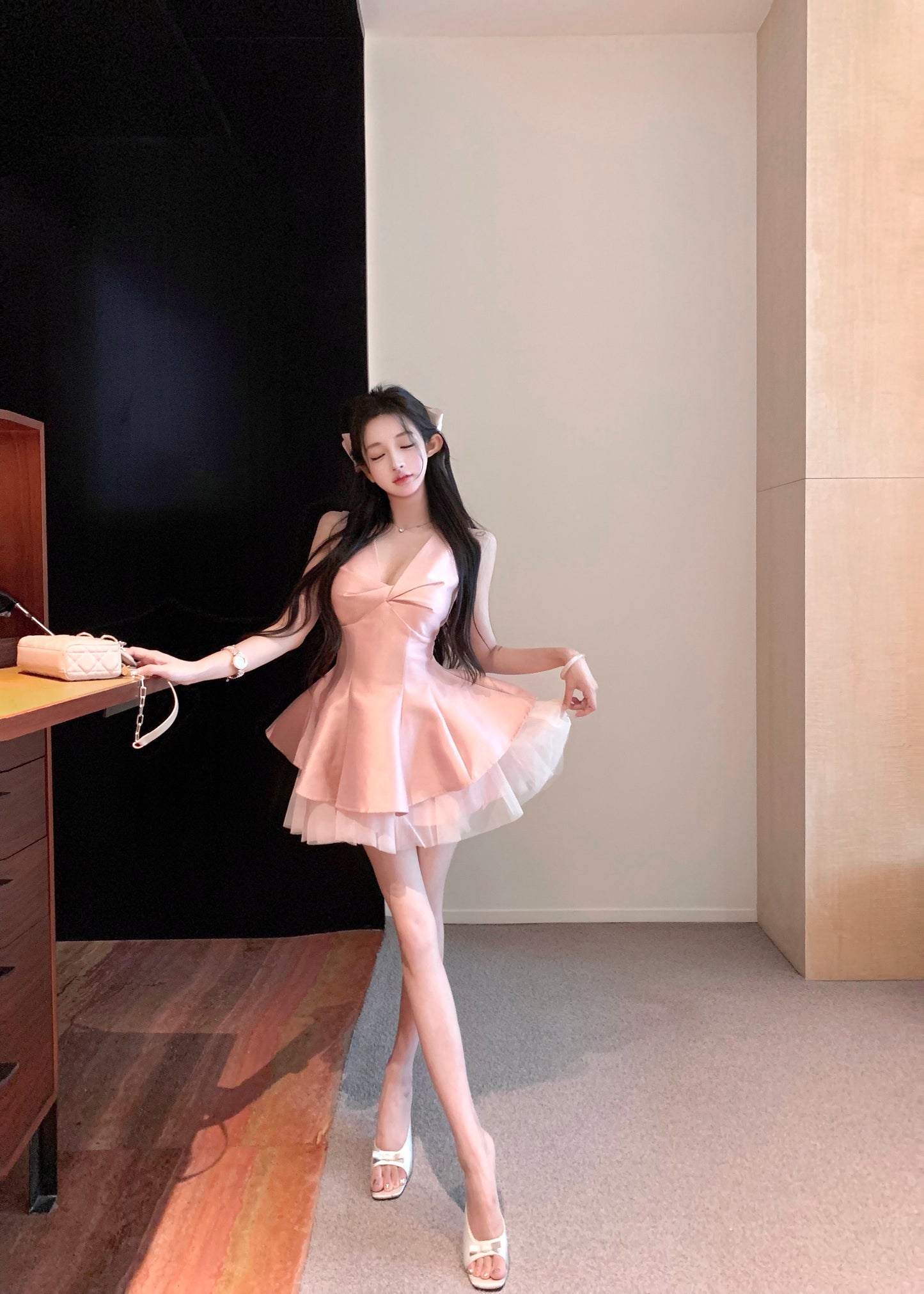 Dreamy Satin Fabric Ruffled Cute Girls Mini Skirt Charming Pink Tulle Splicing Flared Hem Short Dress AP1943