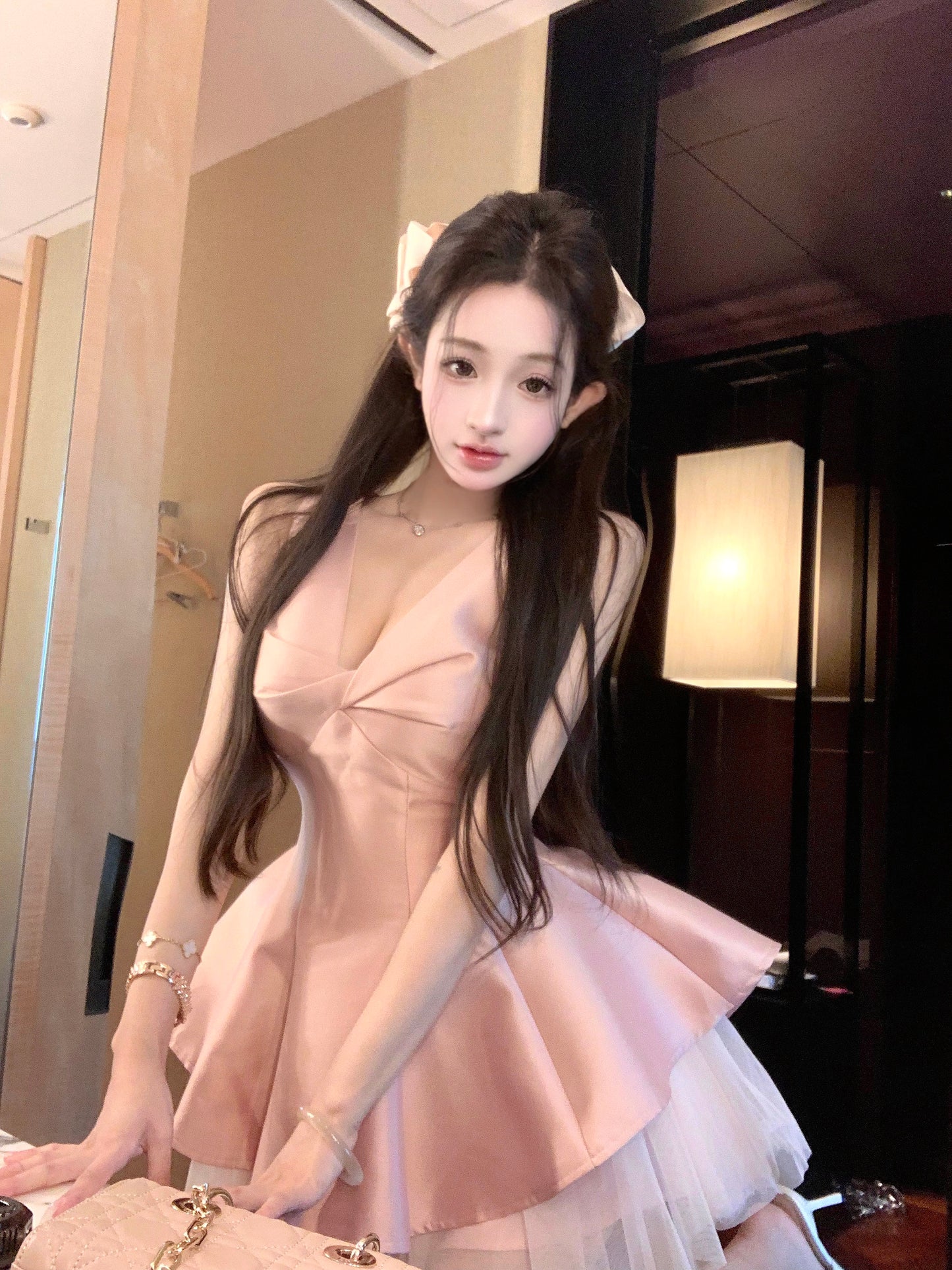 Dreamy Satin Fabric Ruffled Cute Girls Mini Skirt Charming Pink Tulle Splicing Flared Hem Short Dress AP1943