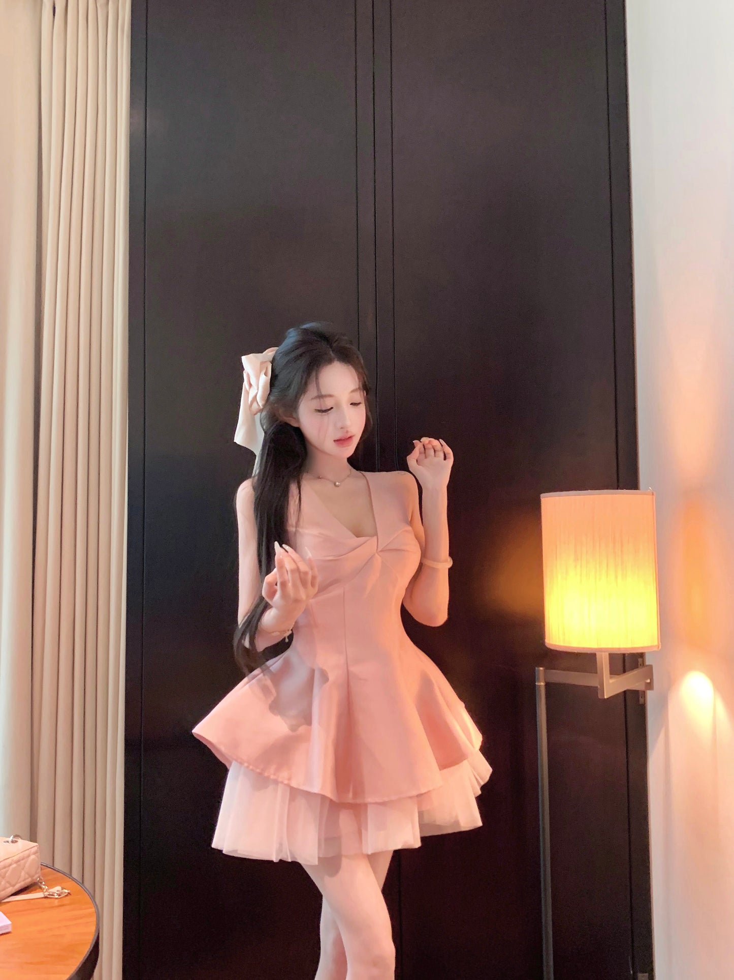 Dreamy Satin Fabric Ruffled Cute Girls Mini Skirt Charming Pink Tulle Splicing Flared Hem Short Dress AP1943