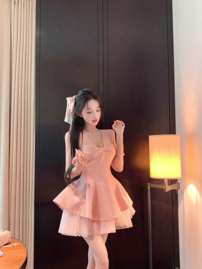 Dreamy Satin Fabric Ruffled Cute Girls Mini Skirt Charming Pink Tulle Splicing Flared Hem Short Dress AP1943