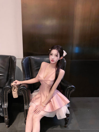 Dreamy Satin Fabric Ruffled Cute Girls Mini Skirt Charming Pink Tulle Splicing Flared Hem Short Dress AP1943