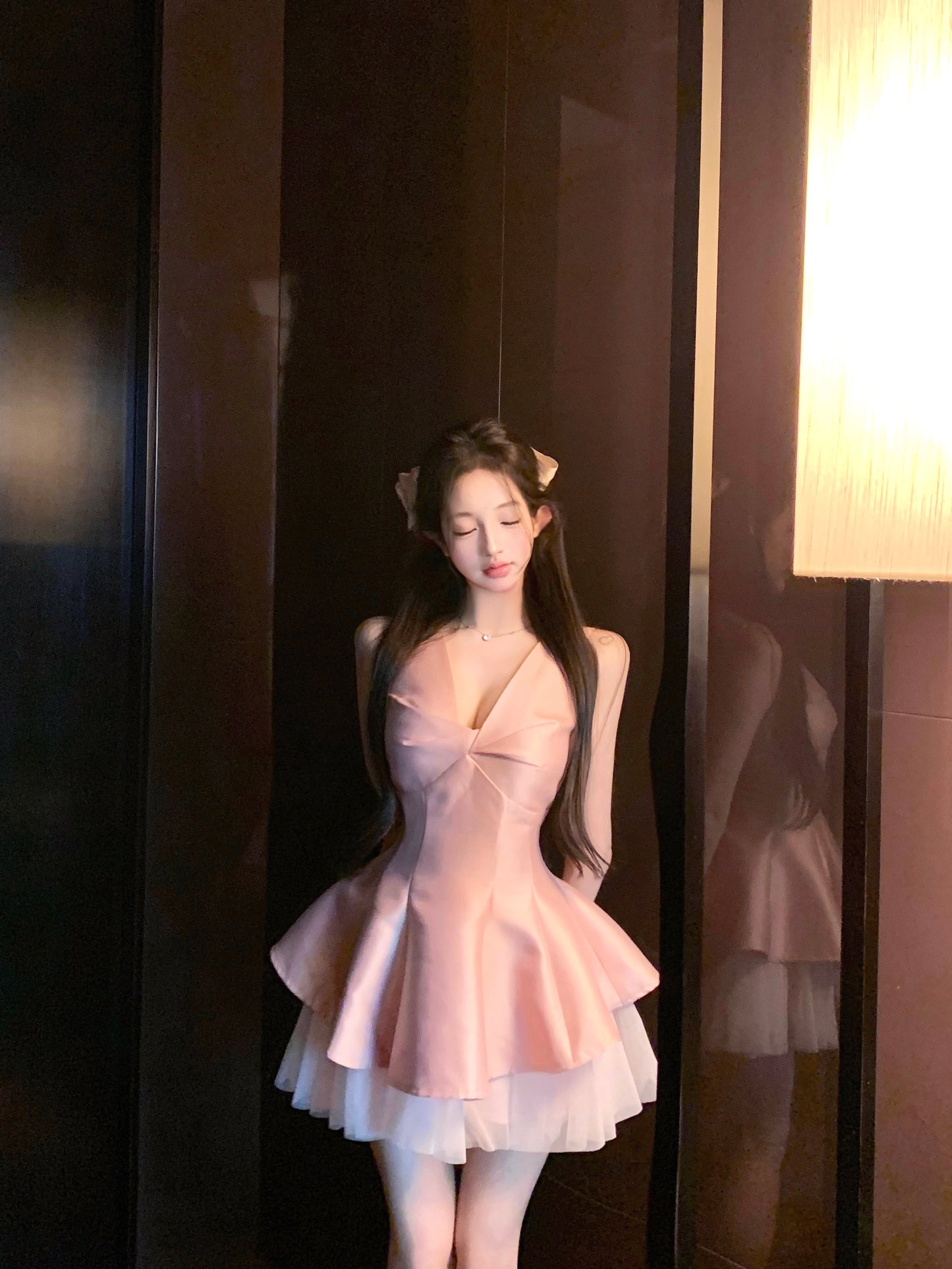 Dreamy Satin Fabric Ruffled Cute Girls Mini Skirt Charming Pink Tulle Splicing Flared Hem Short Dress AP1943