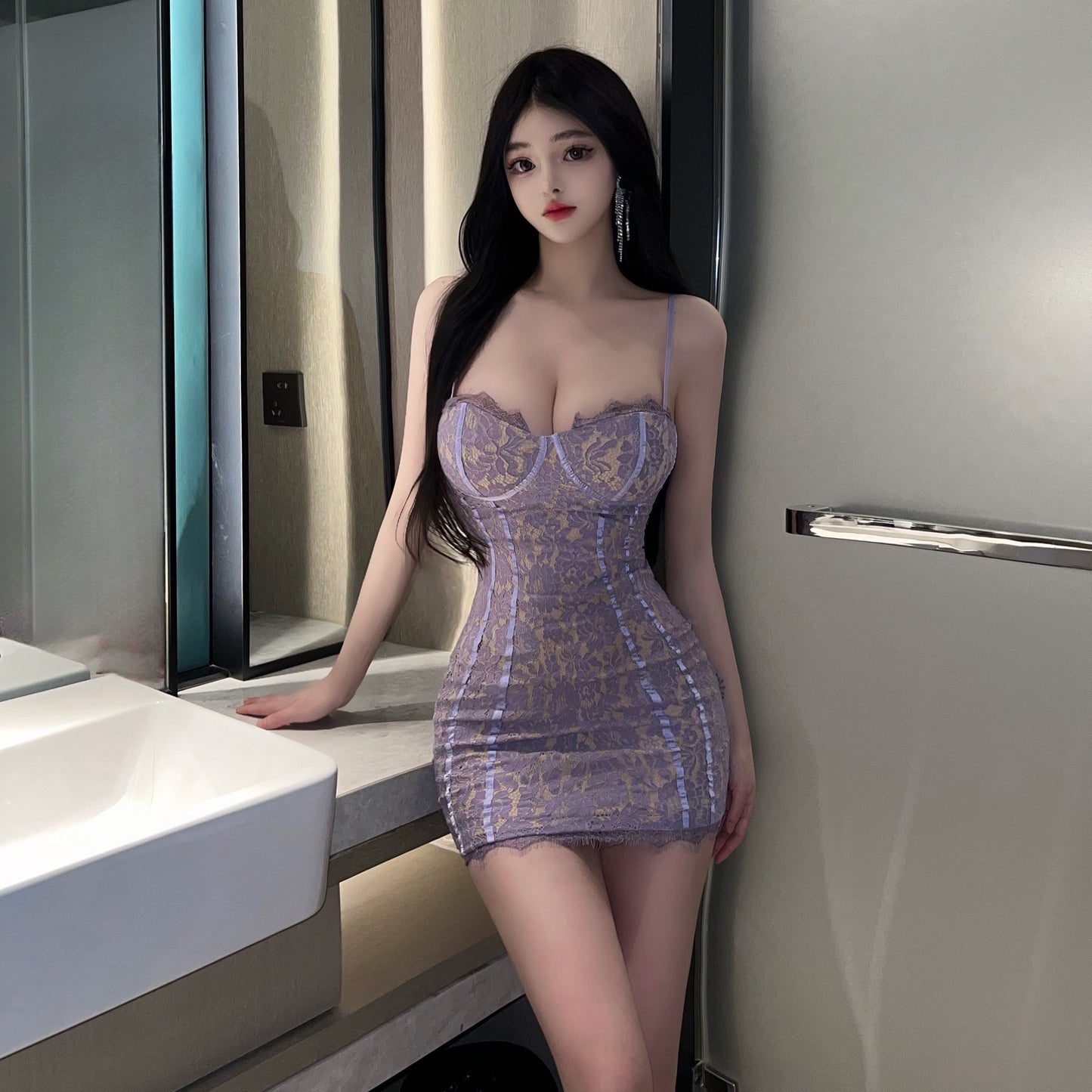 Unique Lavender Sheer Floral Lace Overlay Mini Dress Date Nights Bodycon Lace Hem Spaghetti Strap Short Dress AP1944