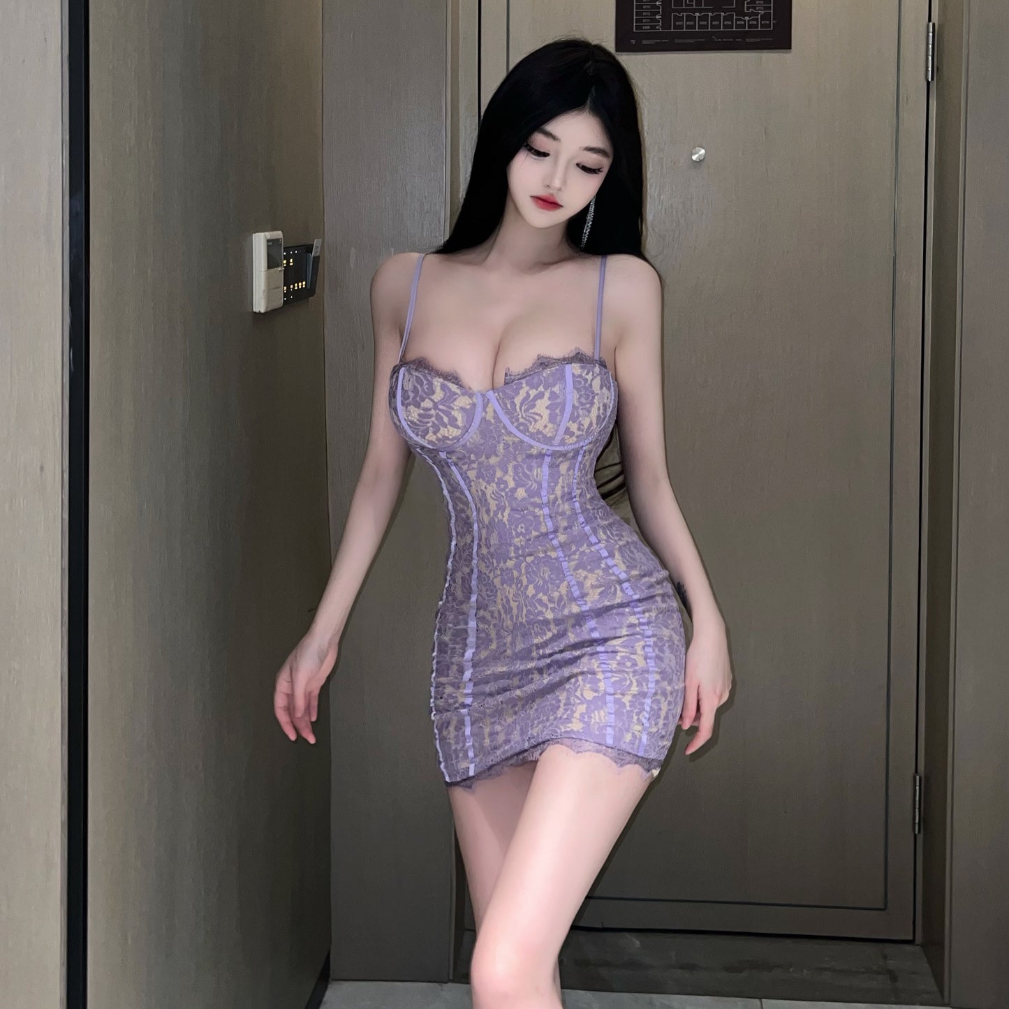 Unique Lavender Sheer Floral Lace Overlay Mini Dress Date Nights Bodycon Lace Hem Spaghetti Strap Short Dress AP1944