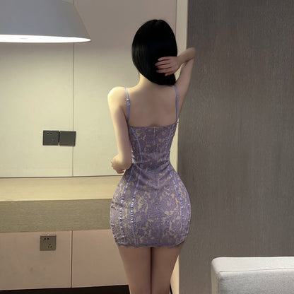 Unique Lavender Sheer Floral Lace Overlay Mini Dress Date Nights Bodycon Lace Hem Spaghetti Strap Short Dress AP1944