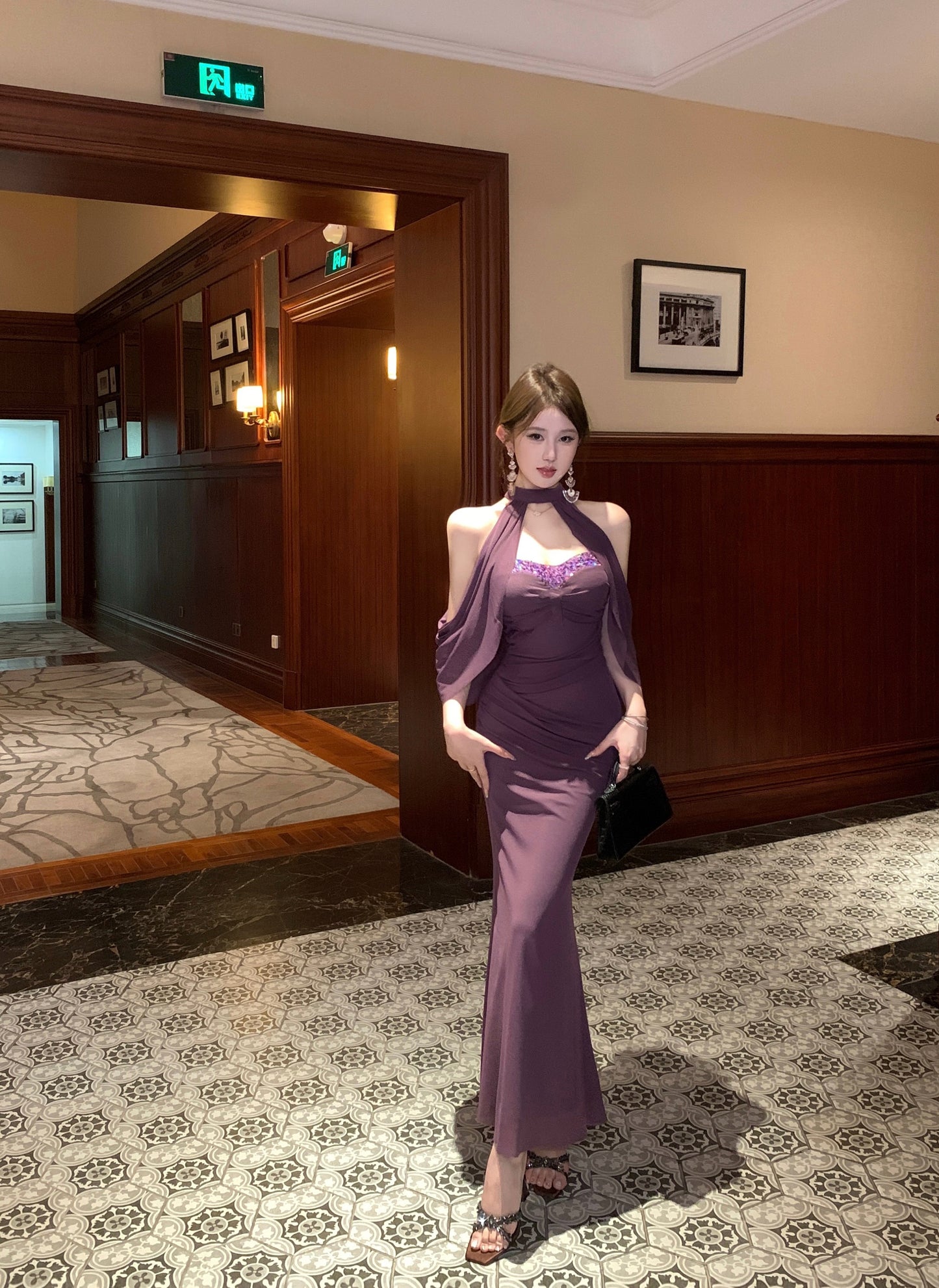 Romantic Ruched Purple Two-Piece Set Maxi Dress Ethereal Sequin Neckline  Detachable Halter Wrap Long Dress AP1946