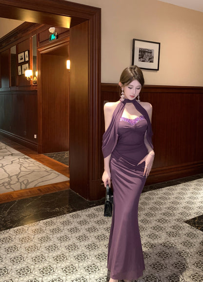 Romantic Ruched Purple Two-Piece Set Maxi Dress Ethereal Sequin Neckline  Detachable Halter Wrap Long Dress AP1946