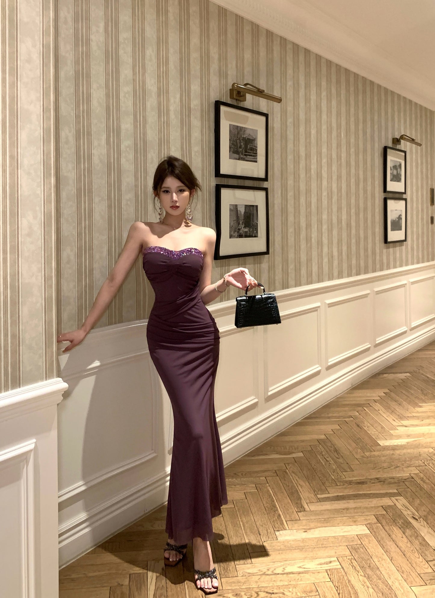 Romantic Ruched Purple Two-Piece Set Maxi Dress Ethereal Sequin Neckline  Detachable Halter Wrap Long Dress AP1946