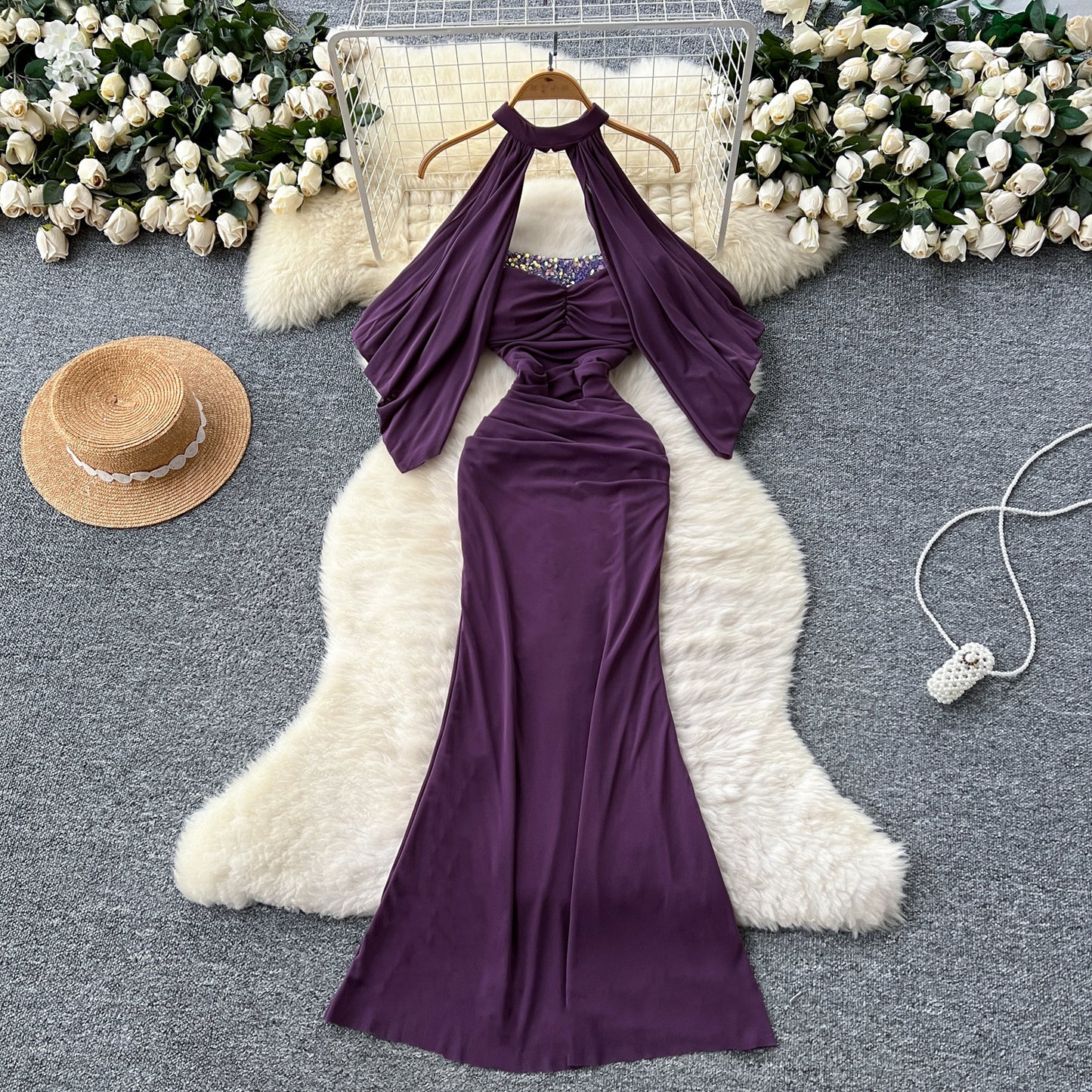 Romantic Ruched Purple Two-Piece Set Maxi Dress Ethereal Sequin Neckline  Detachable Halter Wrap Long Dress AP1946