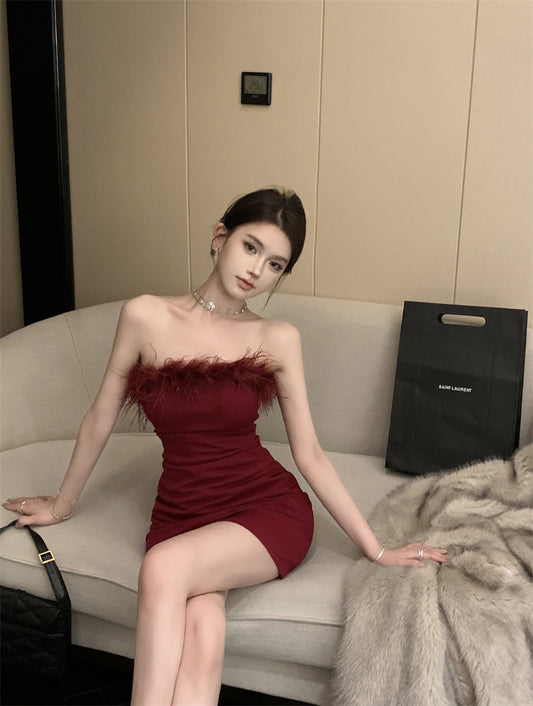 Alluring Strapless Red Feather Trimmed Mini Skirt Retro Bodycon Draped Short Dress AP1947