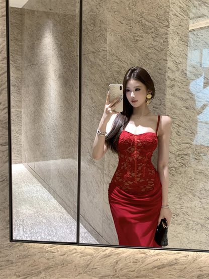 Charming Spaghetti Straps Ruched Chiffon Red Maxi Dress Gorgeous Lace Corset Top Bodycon Fit Long Dress AP1948
