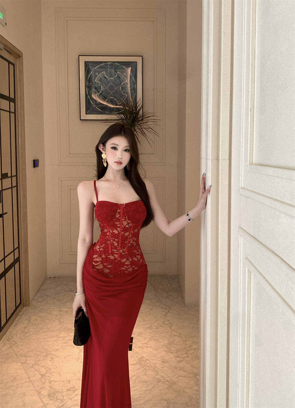 Charming Spaghetti Straps Ruched Chiffon Red Maxi Dress Gorgeous Lace Corset Top Bodycon Fit Long Dress AP1948