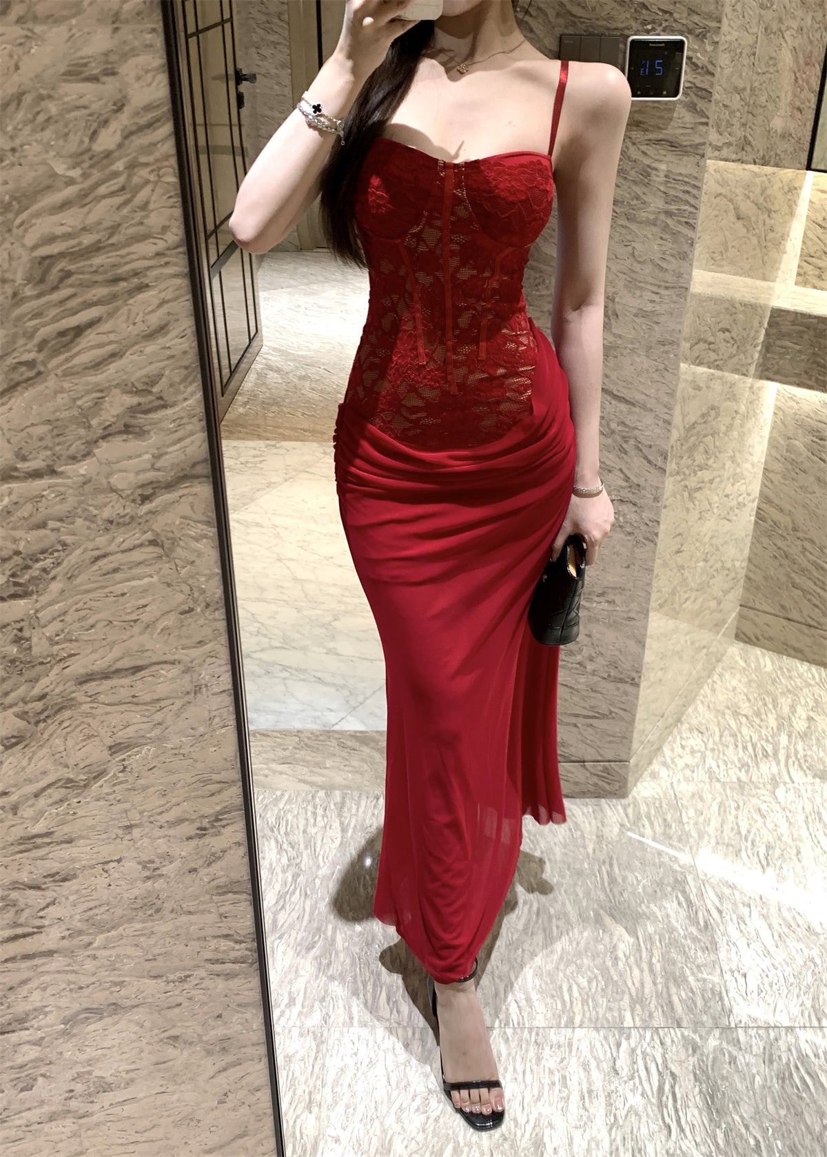 Charming Spaghetti Straps Ruched Chiffon Red Maxi Dress Gorgeous Lace Corset Top Bodycon Fit Long Dress AP1948