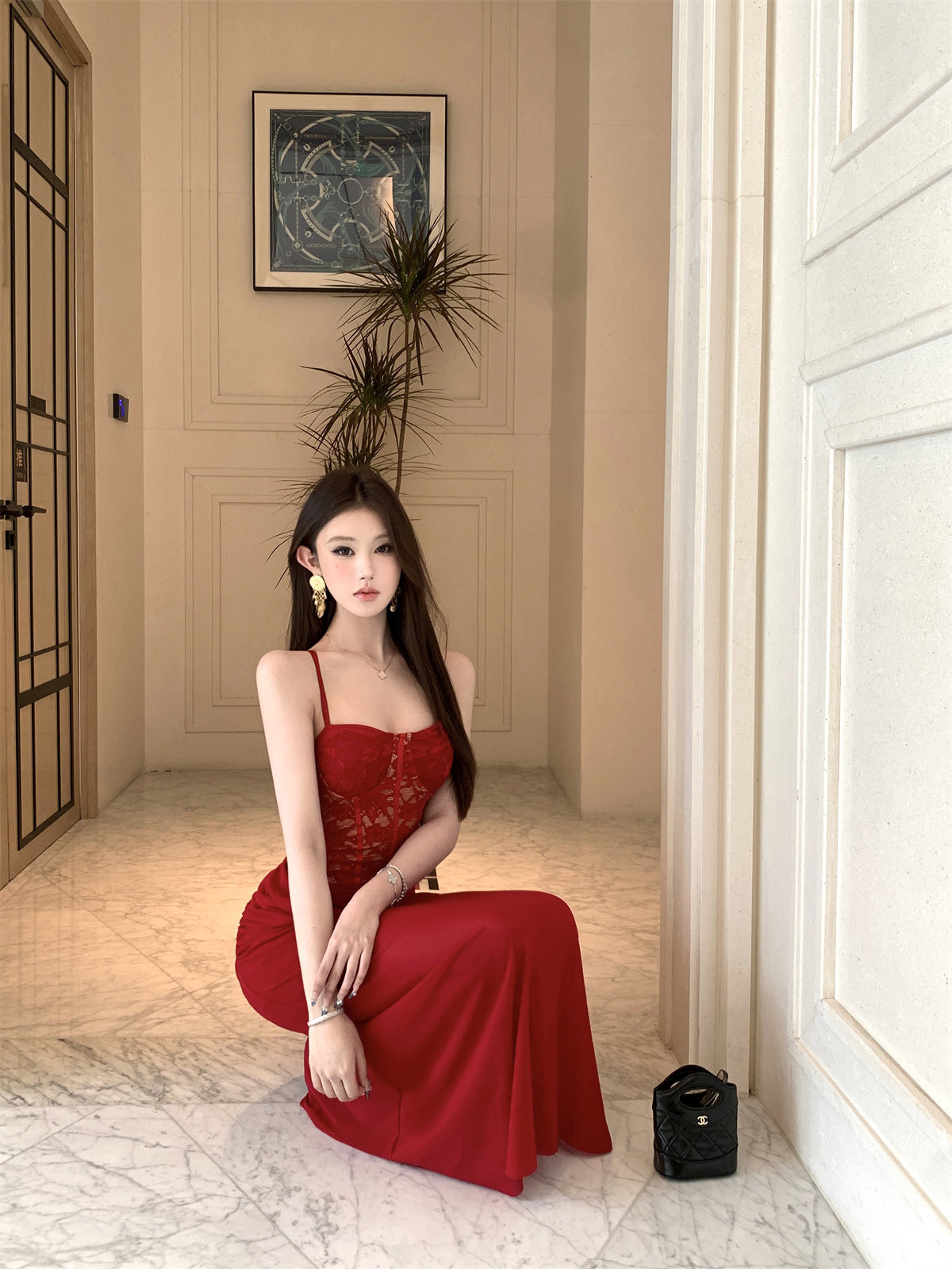 Charming Spaghetti Straps Ruched Chiffon Red Maxi Dress Gorgeous Lace Corset Top Bodycon Fit Long Dress AP1948