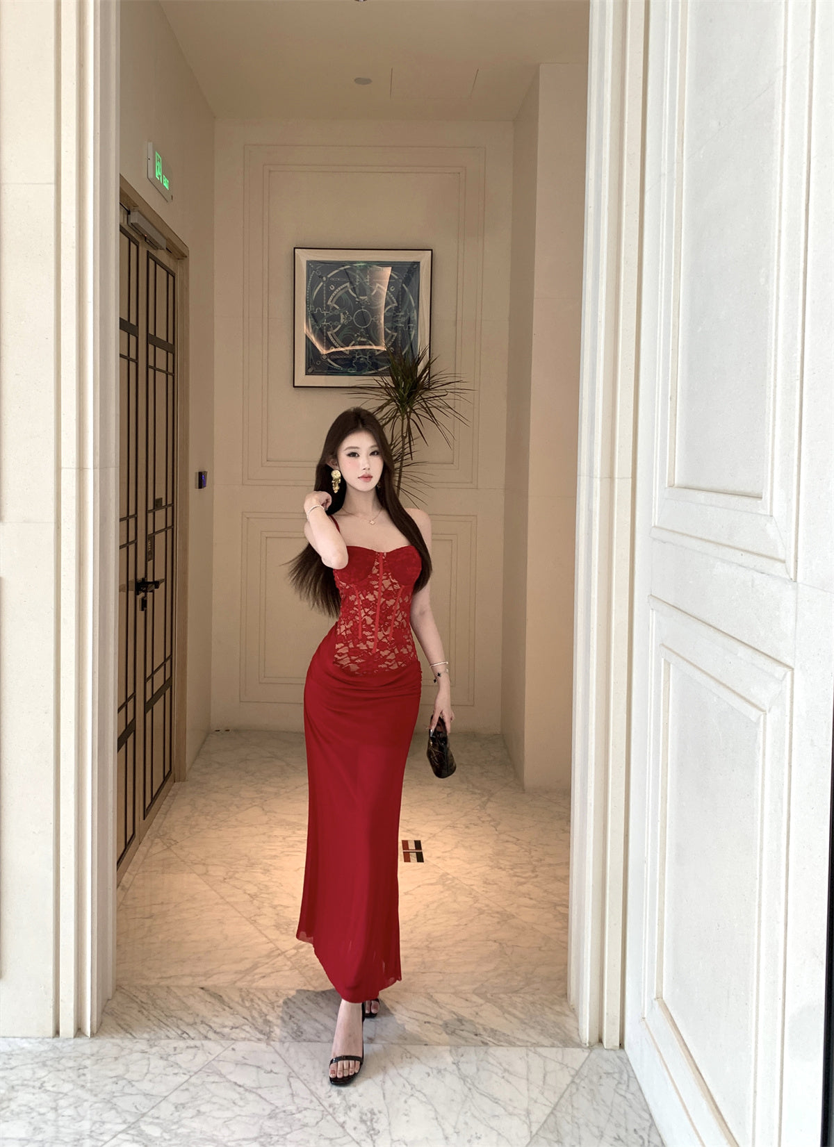 Charming Spaghetti Straps Ruched Chiffon Red Maxi Dress Gorgeous Lace Corset Top Bodycon Fit Long Dress AP1948