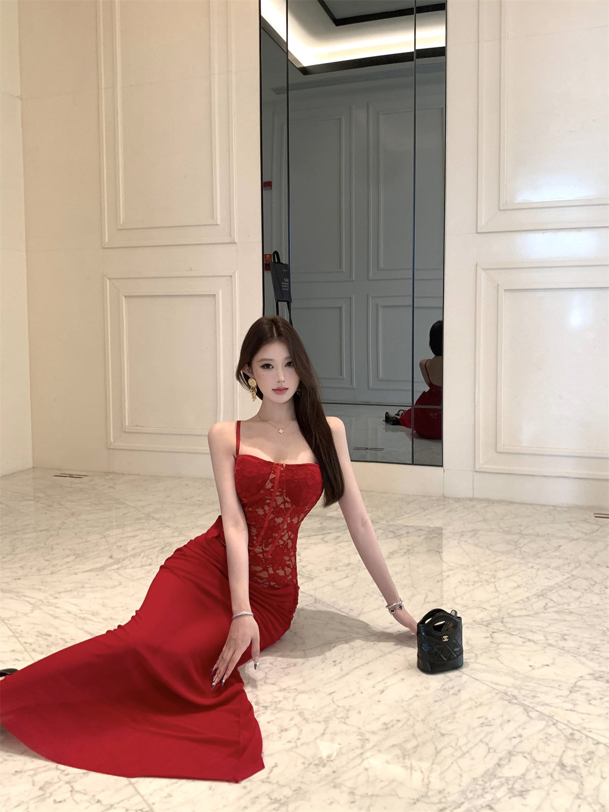 Charming Spaghetti Straps Ruched Chiffon Red Maxi Dress Gorgeous Lace Corset Top Bodycon Fit Long Dress AP1948