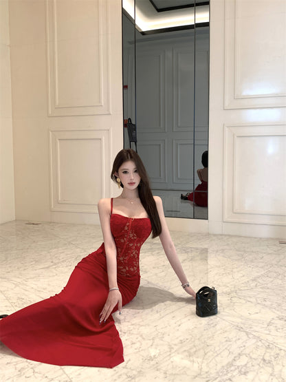 Charming Spaghetti Straps Ruched Chiffon Red Maxi Dress Gorgeous Lace Corset Top Bodycon Fit Long Dress AP1948