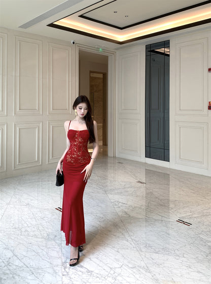 Charming Spaghetti Straps Ruched Chiffon Red Maxi Dress Gorgeous Lace Corset Top Bodycon Fit Long Dress AP1948