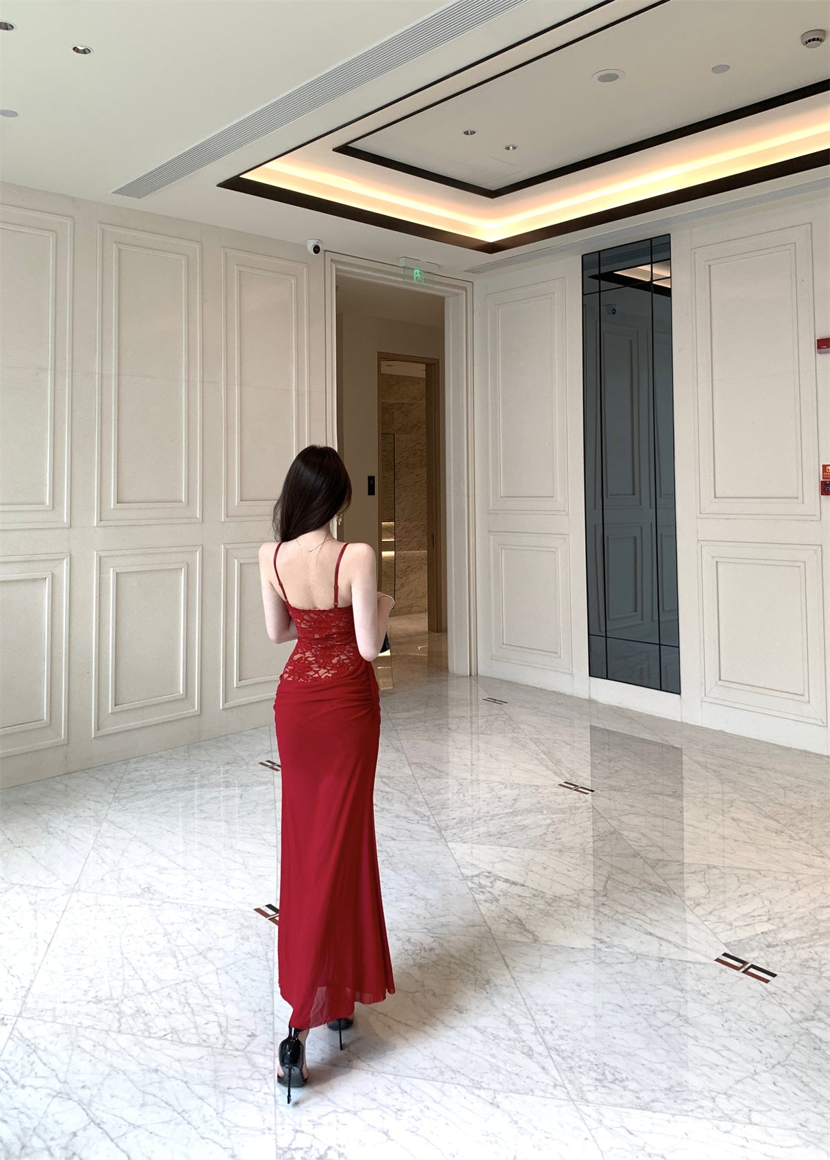 Charming Spaghetti Straps Ruched Chiffon Red Maxi Dress Gorgeous Lace Corset Top Bodycon Fit Long Dress AP1948